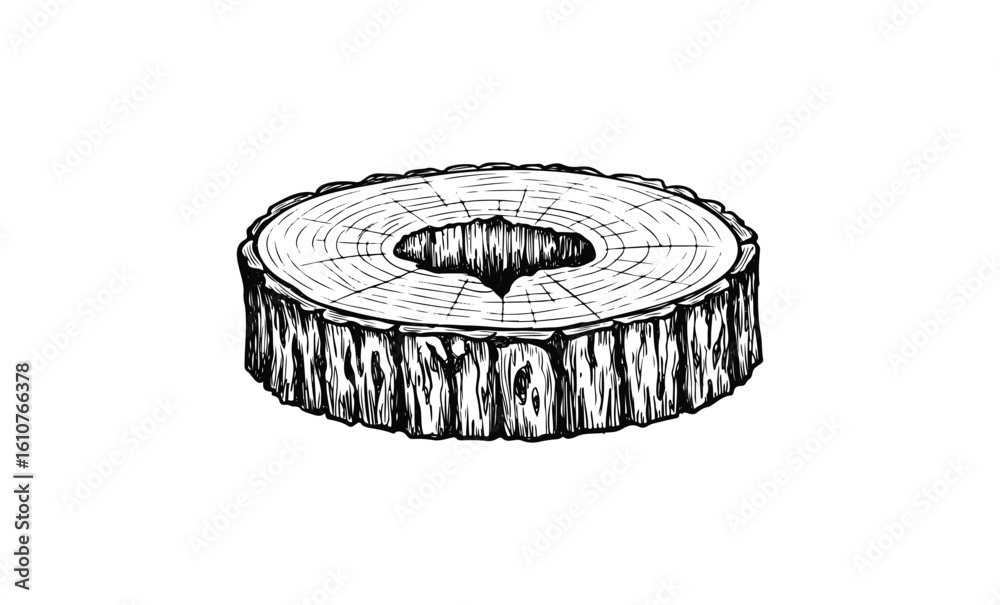 Black and white tree stump illustration with heart-shaped center cutout. Vector retro hand drawn illustration Black and white tree stump illustration with heart-shaped center cutout. Vector retro hand drawn illustration