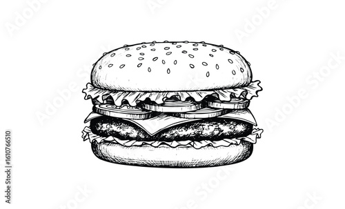 Hand-drawn cheeseburger with lettuce, tomato, onion, and cheese on a sesame seed bun. Vector retro hand drawn illustration