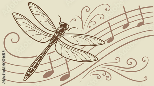 A dragonfly illustration resting on musical notes with decorative swirls in a vintage style design