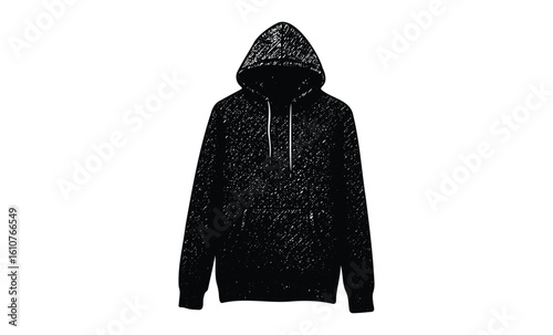 Classic black hoodie with front pocket and drawstrings. Vector retro hand drawn illustration