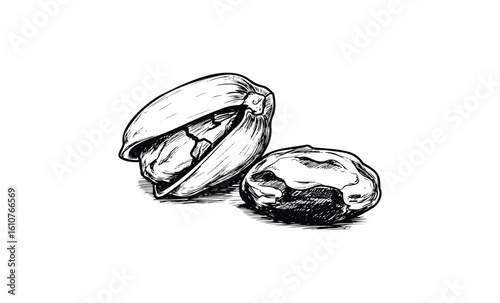 Realistic black and white illustration of cracked pecans. Vector retro hand drawn illustration
