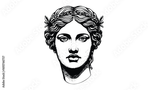 Classical greek sculpture: bust of a female with wreathed hair in black and white. Vector retro hand drawn illustration
