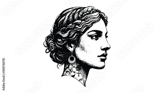 Intricate black and white drawing of young caucasian female with detailed hair and accessories. Vector retro hand drawn illustration