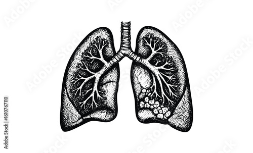 Hand-drawn human lungs with detailed bronchial tubes and alveoli sketch. Vector retro hand drawn illustration