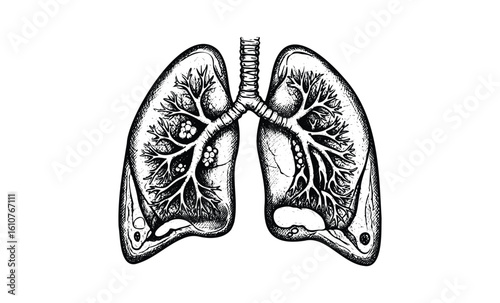 Detailed anatomical illustration of human lungs with trachea and bronchial tree. Vector retro hand drawn illustration