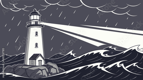 Illustration of a lighthouse on rocks with waves and rain under cloudy skies emitting bright light beams