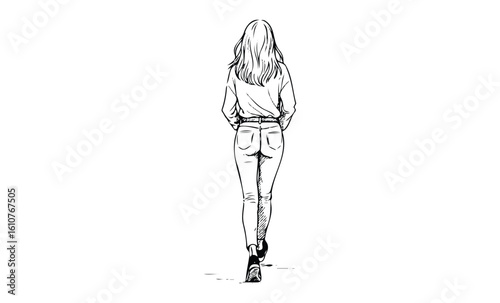 Sketch of a female adult walking away in casual outfit. Vector retro hand drawn illustration