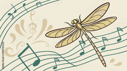 Dragonfly illustration with musical notes and treble clef on a beige background design element