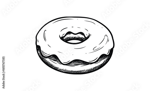 Hand-drawn iced donut illustration with detailed glaze and textured lines. Vector retro hand drawn illustration