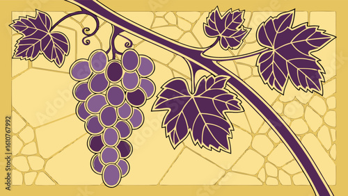 Illustration of a grape vine with purple grapes and leaves against a yellow mosaic background art nouveau style