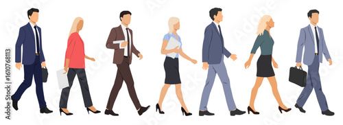 Group of young men and women, profile, different colors, cartoon character, silhouettes of walking business people, students, design concept of flat icon, isolated on white background