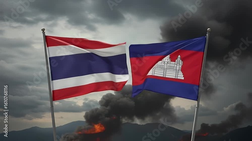 Waving national flags of Thailand and Cambodia against a stormy sky with distant fires. Suitable for geopolitical news, conflict analysis, or international relations.