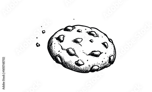 Hand-drawn chocolate chip cookie with crumbs. Vector retro hand drawn illustration