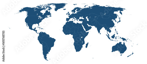 World map vector with country borders. Blue fill on white background. High quality global map for infographics, presentations, or geographic projects.