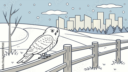 A snowy owl perched on a fence with a cityscape and falling snow in the winter background scene