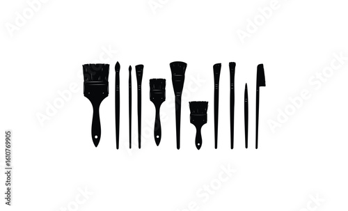 Assorted artist brushes: paintbrush collection. Vector retro hand drawn illustration