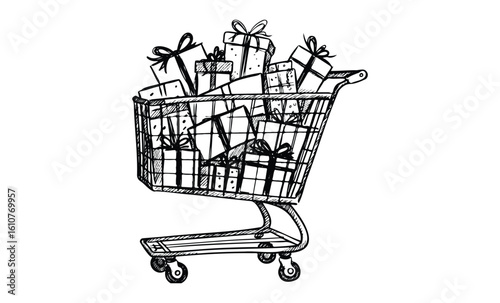 Gifts and presents filled shopping cart sketch with wrapped boxes. Vector retro hand drawn illustration