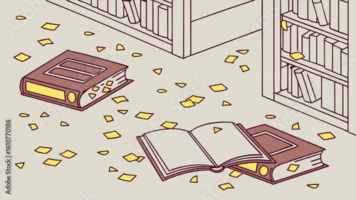 A library scene with scattered yellow papers and books lying on the floor near the bookshelves