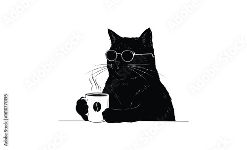 Cool cat with sunglasses holding a coffee mug illustration. Vector retro hand drawn illustration