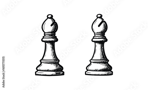 Hand-drawn black and white chess pieces illustration with bishop figures. Vector retro hand drawn illustration