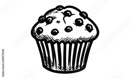 Hand-drawn muffin with blueberries illustration in black and white. Vector retro hand drawn illustration