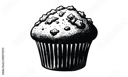 Hand-drawn muffin sketch illustration with crumbly top textured detail. Vector retro hand drawn illustration