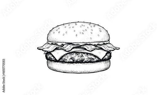 Hand-drawn burger sketch with cheese, lettuce, and sesame seed bun. Vector retro hand drawn illustration