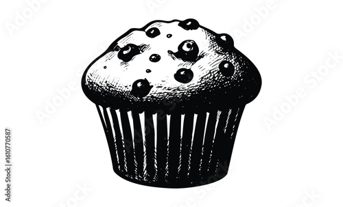 Detailed black and white muffin sketch with textured top. Vector retro hand drawn illustration