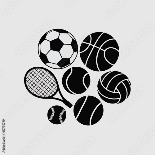 Collection of popular sports balls and tennis racquet