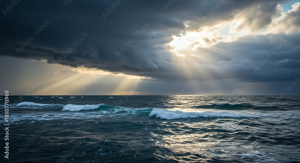 Obraz premium Stormy Seascape with Sun Rays Breaking Through Dramatic Clouds Over Rough Ocean.