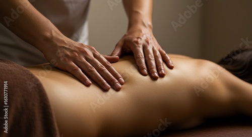 Closeup of a person receiving a back massage with two hands on their lower back in a dimly lit room