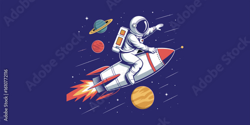 Astronaut riding rocket, outer space background, cartoon planets, galaxy stars, futuristic design, vector illustration, cosmic adventure, digital artwork, fun