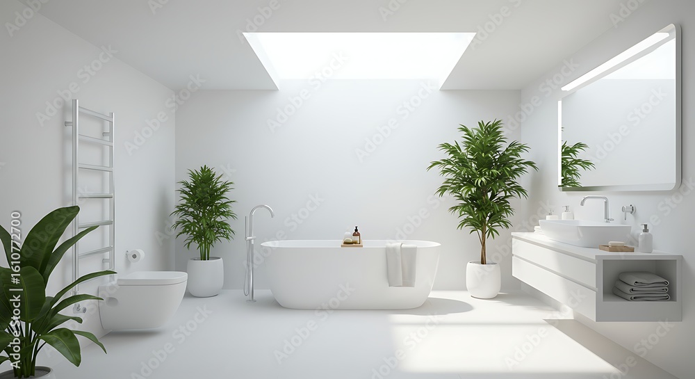 Fototapeta premium Minimalist Modern Bathroom with Plants and Skylight