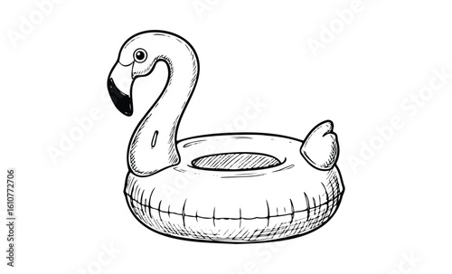 Inflatable flamingo pool float sketch in black and white. Vector retro hand drawn illustration