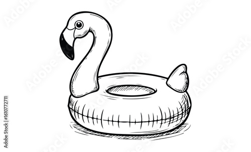 Flamingo-shaped inflatable pool float drawing in black and white. Vector retro hand drawn illustration
