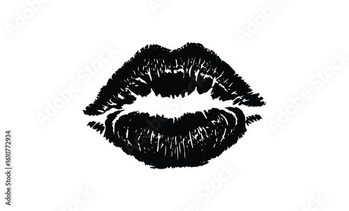 Bold artistic black lip print isolated. Vector retro hand drawn illustration