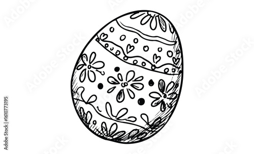 Intricate black and white easter egg design with floral and heart patterns. Vector retro hand drawn illustration