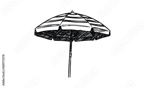 Black and white striped beach umbrella illustration. Vector retro hand drawn illustration