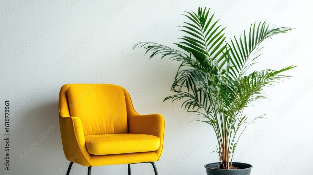Fototapeta premium A vivid yellow chair next to a green indoor plant