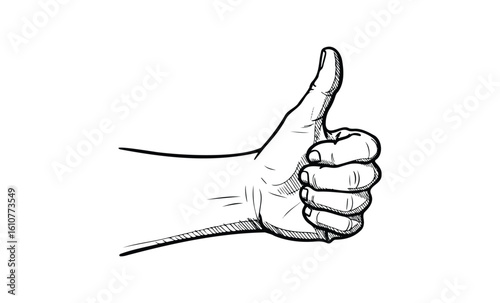 Black and white sketch of hand giving thumbs up gesture. Vector retro hand drawn illustration