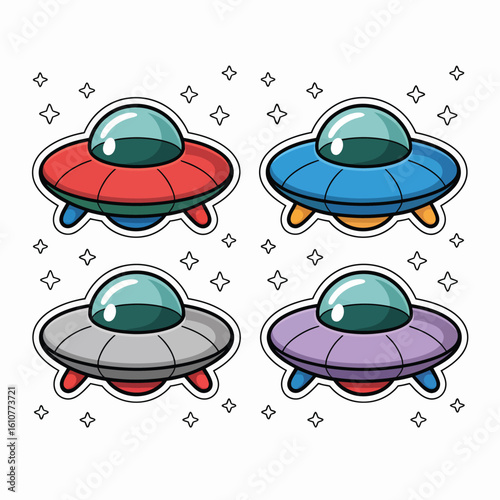 Four colorful cartoon ufos flying in space with stars