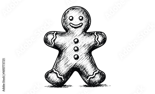 Smiling gingerbread man sketch with buttons and icing details. Vector retro hand drawn illustration