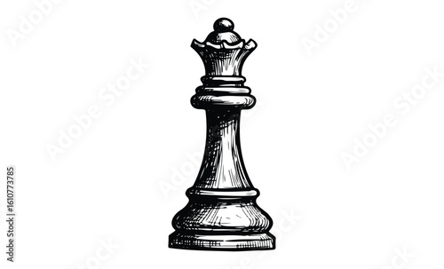 Intricate black and white illustration of chess queen piece with detailed carving. Vector retro hand drawn illustration