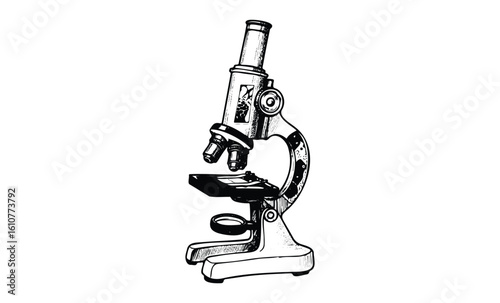 Vintage monocular microscope illustration with intricate details and classic design. Vector retro hand drawn illustration