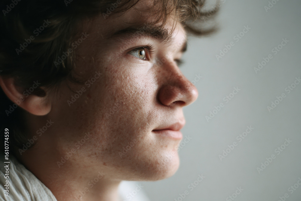 Fototapeta premium young man with trembling chin stands at intersection of dreams and reality