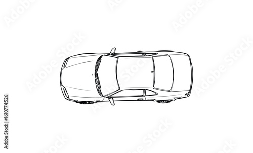 Top view outline of sedan car with open doors and sunroof. Vector retro hand drawn illustration