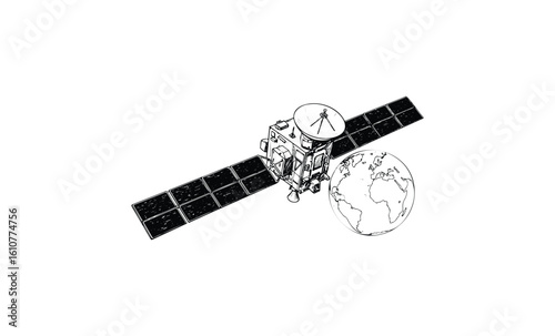 Space satellite orbiting earth with solar panels and communication dish. Vector retro hand drawn illustration