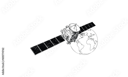 Black and white satellite orbiting earth sketch. Vector retro hand drawn illustration