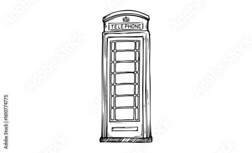 Vintage british telephone booth sketch with classic design. Vector retro hand drawn illustration