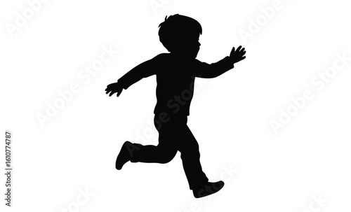 Silhouette of a running child in motion isolated. Vector retro hand drawn illustration
